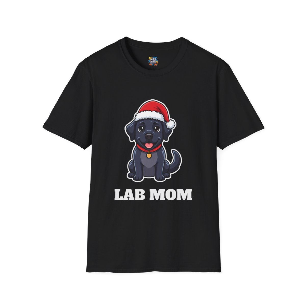 Unisex tee with 'Lab Mom' Christmas graphic: a black lab in a Santa hat