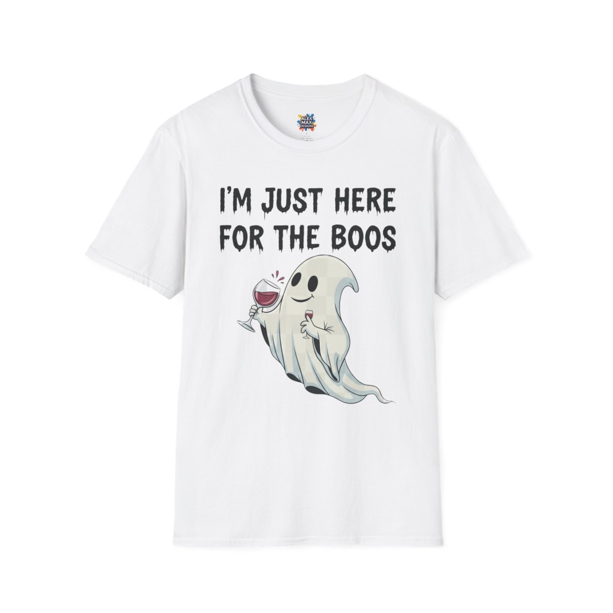 White unisex tee with 'I'm Just Here for the Boos' Halloween graphic: a ghost holding a wine glass