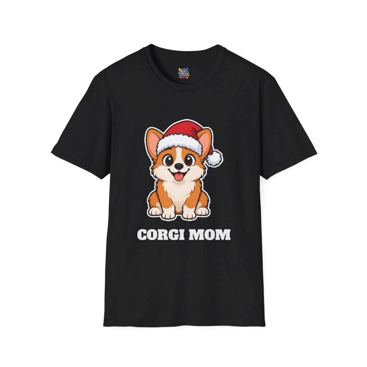 Unisex tee with 'Corgi Mom' Christmas graphic: a happy corgi in a Santa hat