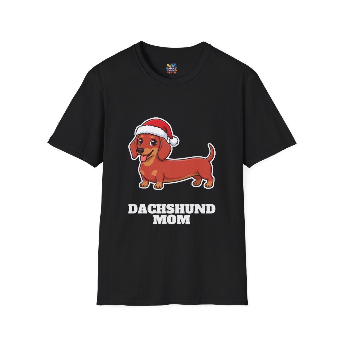 Unisex tee with 'Dachshund Mom' Christmas graphic: a dachshund in a Santa hat
