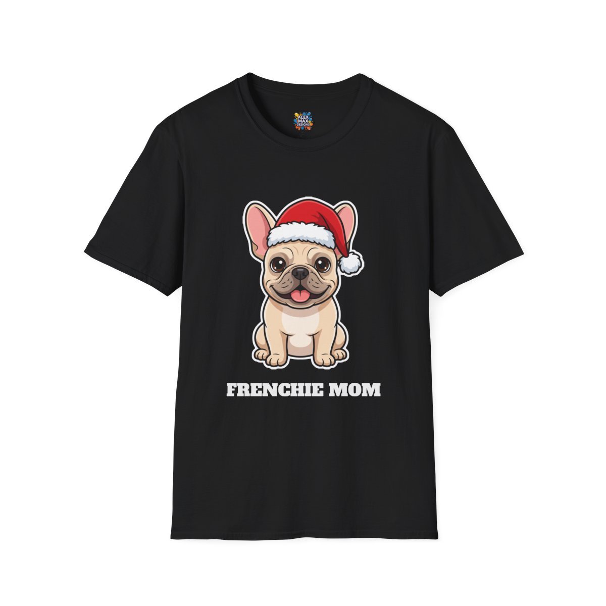 Unisex tee with 'Frenchie Mom' Christmas graphic: a French bulldog in a Santa hat