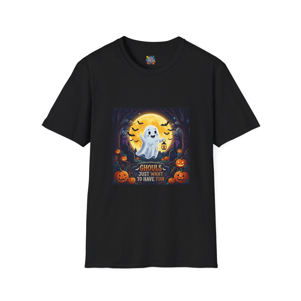 Black unisex tee with 'Ghouls Just Want to Have Fun' Halloween graphic: a grinning ghost in a moonlit graveyard holding a lantern