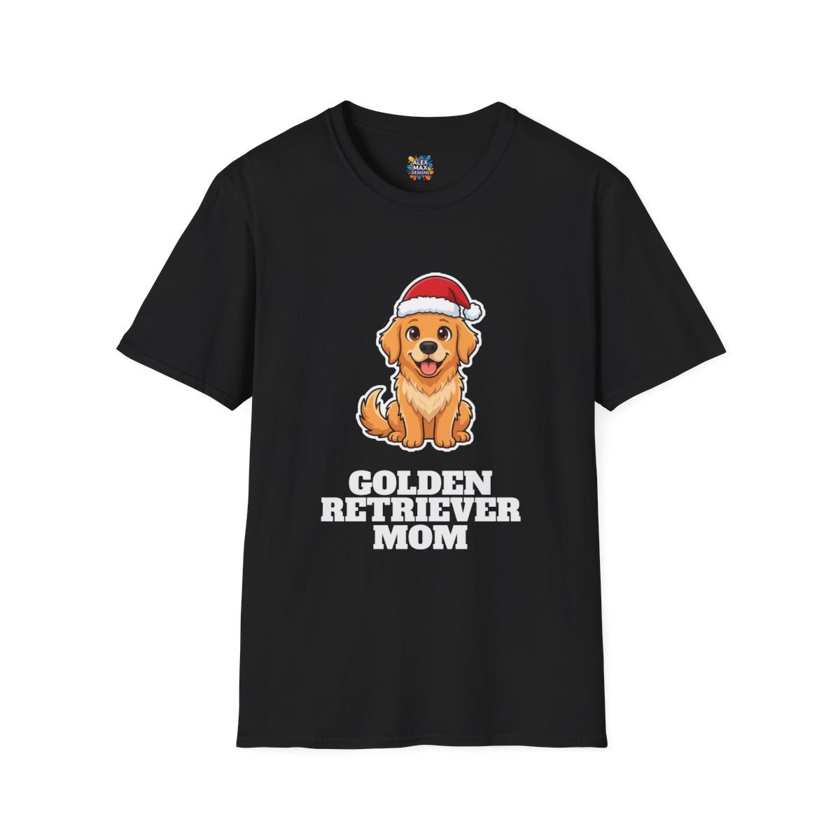 Unisex tee with 'Golden Retriever Mom' Christmas graphic: a golden retriever in a Santa hat