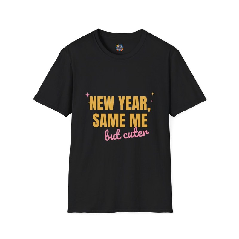 Black unisex tee with 'New Year, Same Me' graphic: bold gold lettering with a script line underneath