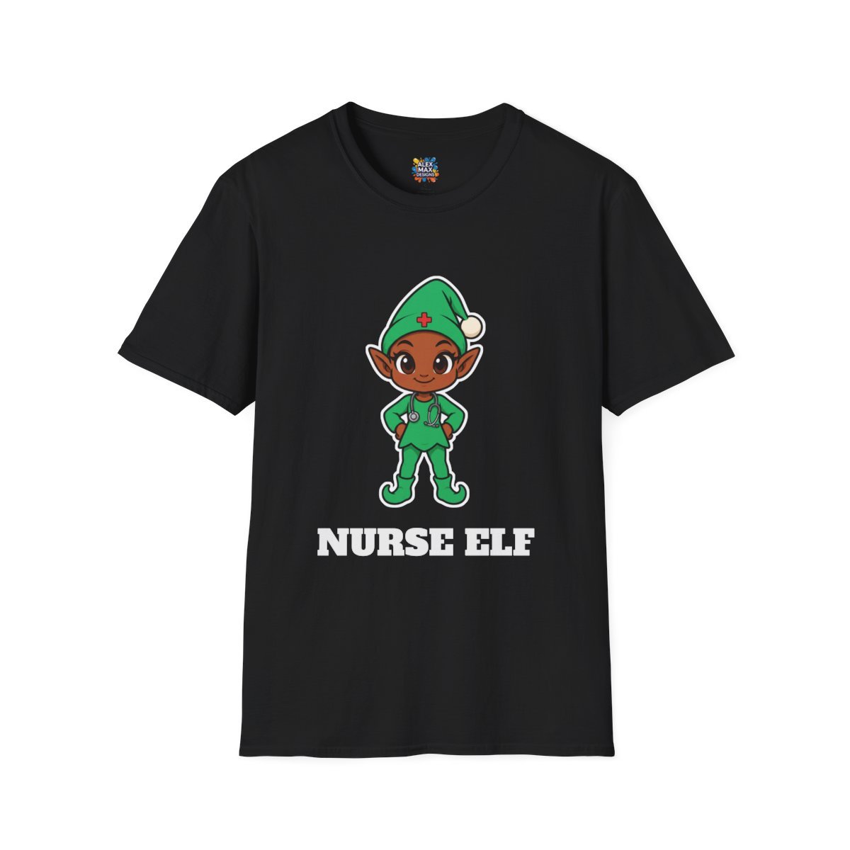 Unisex tee with 'Nurse Elf' Christmas graphic: a green elf nurse with a stethoscope