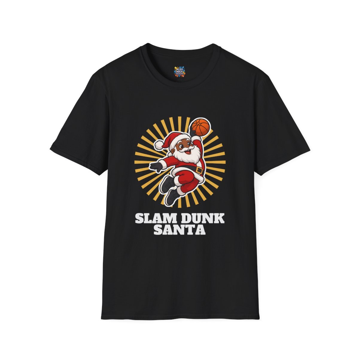 Unisex tee with 'Slam Dunk Santa' Christmas graphic: Santa dunking a basketball