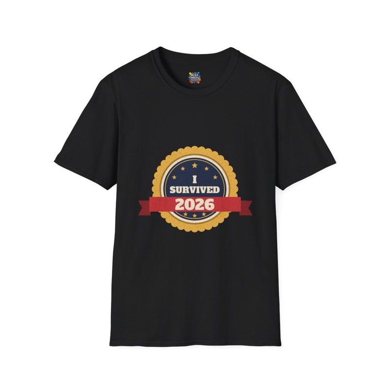 Black unisex tee with 'I Survived 2026' gold achievement badge graphic