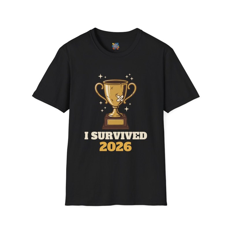 Black unisex tee with 'I Survived 2026' graphic: a battered gold trophy with a bandage on it