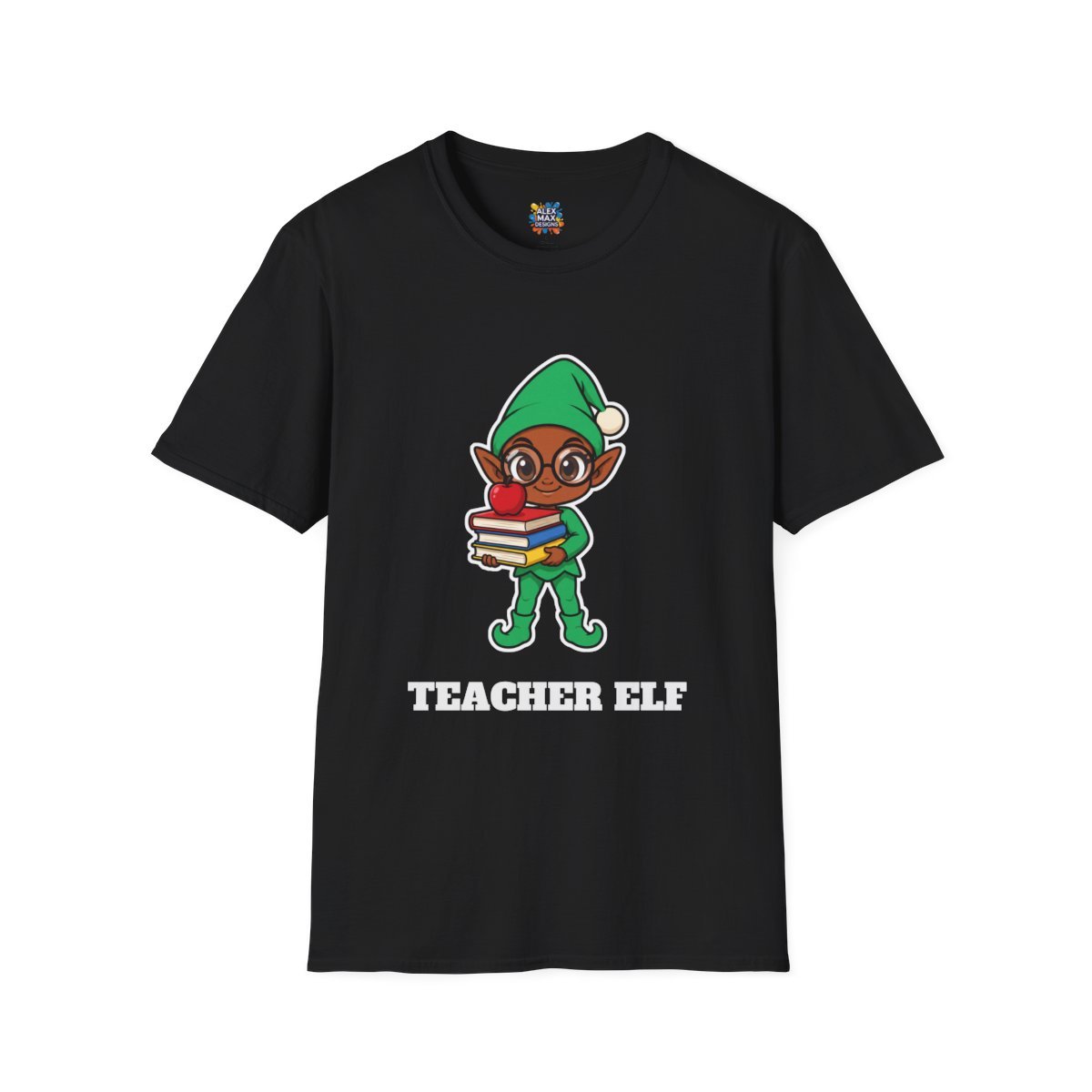 Unisex tee with 'Teacher Elf' Christmas graphic: a green elf teacher with books and an apple